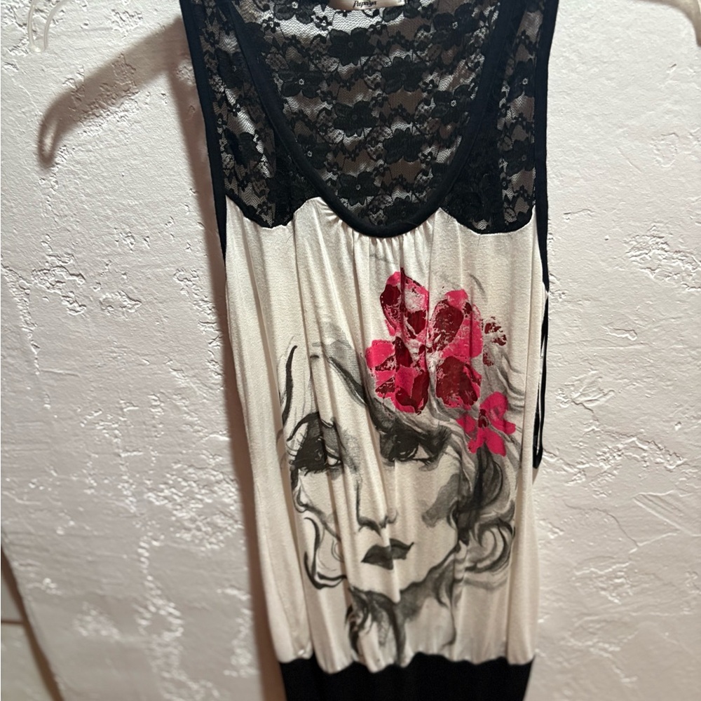 Papaya Black and White Graphic Tank Top with Red Floral Accent